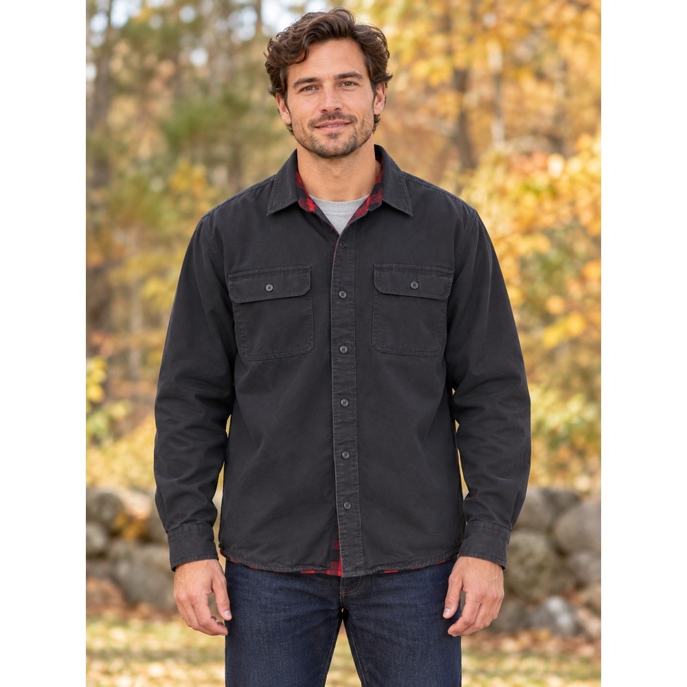 LL Bean Mens Black Canvas Flannel Lined Shirt Jacket Buffalo Plaid Large 505923